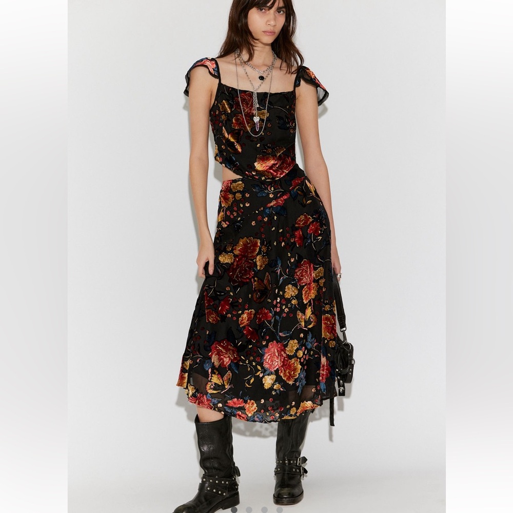 Free People Electra Heart Burnout Velvet MIDI Skirt Set in Golden Combo